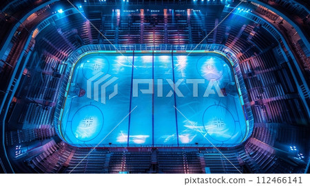 AI-generated content. Aerial view on empty ice rink arena with sport fans tribune with neon colored illumination and spotlights 112466141