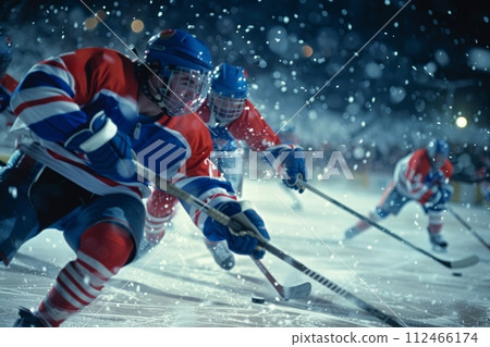 AI-generated content. Dynamic image of concentrated hockey player in motion during game, playing on ice rink arena with tribune filled of sport fans AI-generated content. Dynamic image of concentrated hockey player in motion during game, playing on ice rink arena with tribune filled of sport fans 112466174