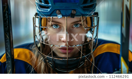 AI-generated content. Portrait of young beautiful woman, hockey player with concentrated and serious gaze, in uniform and protective helmet on blurred background 112466291