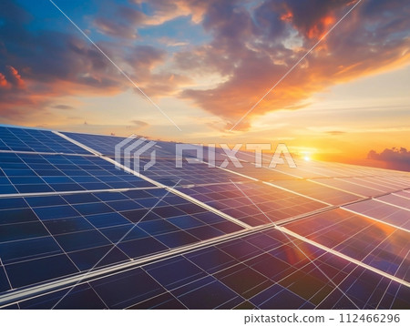 Solar energy solutions, Panels on roof and power plant harness sunlight, providing clean electricity, promoting renewable technology for a greener environment 112466296