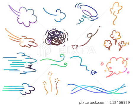 Image of moving wind, emotions and speech bubbles, various color set of comic marks 112466529