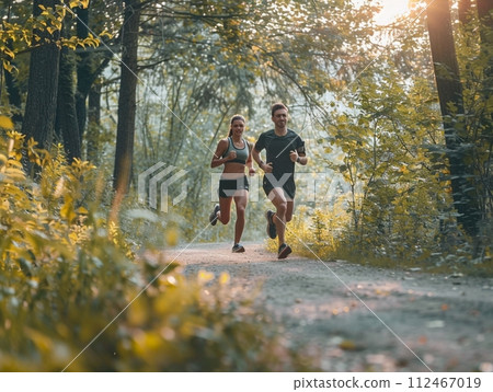 Happy couple jogging together in the autumn park, surrounded by colorful leaves and nature's beauty, enjoying family time outdoors 112467019