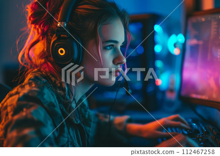 Female gamer using computer in room with neon lights 112467258