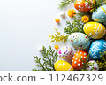 Happy Easter banner. Colorful eggs on white background 112467329
