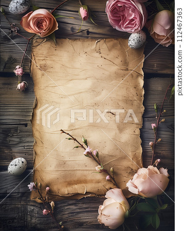 Happy Easter. Artistic Easter Egg Flat Lay 112467363