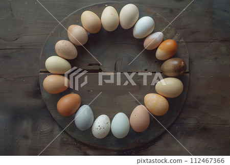 Happy Easter. Rustic Egg Circle on Wooden Tray 112467366