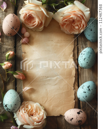 Happy Easter. Artistic Easter Egg Flat Lay 112467368