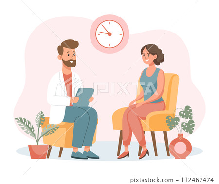 Psychotherapy online, a woman talking to a psychologist on the screen. Mental health banner or landing page template. Illustration, vector 112467474
