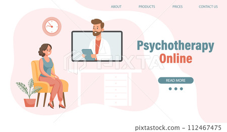 Psychotherapy online, a woman talking to a psychologist on the screen. Mental health banner or landing page template. Illustration, vector 112467475