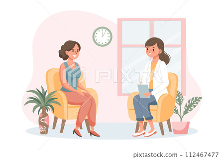 Psychotherapy online, a woman talking to a psychologist on the screen. Mental health banner or landing page template. Illustration, vector 112467477