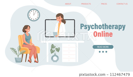 Psychotherapy online, a woman talking to a psychologist on the screen. Mental health banner or landing page template. Illustration, vector 112467479