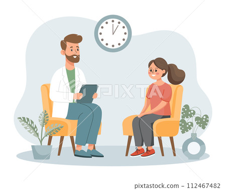 Psychotherapy online, girl talking to a psychologist on the screen. Mental health banner or landing page template. Illustration, vector 112467482