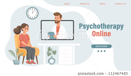 Psychotherapy online, girl talking to a psychologist on the screen. Mental health banner or landing page template. Illustration, vector 112467485