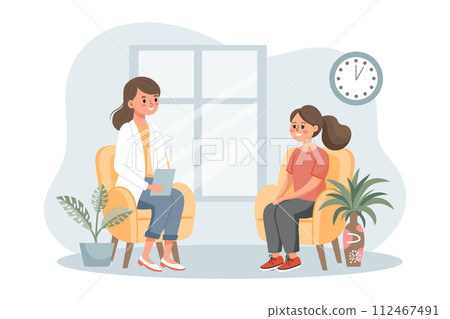 Psychotherapy online, girl talking to a psychologist on the screen. Mental health banner or landing page template. Illustration, vector 112467491