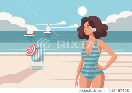 Seascape. Vacation time. Woman on the beach in a swimsuit sunbathing on the background of the see shore. Illustration. Vector 112467498