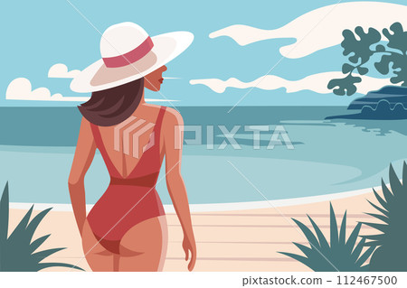 Seascape. Vacation time. Woman on the beach in a swimsuit sunbathing on the background of the see shore. Illustration. Vector Seascape. Vacation time. Woman on the beach in a swimsuit sunbathing on the background of the see shore. Illustration. Vector 112467500