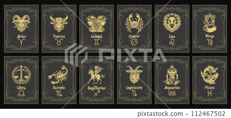 Set of astrology zodiac signs, mystical icons in vintage frames. Gold design. Esoteric symbols for logo or icons. Vector 112467502