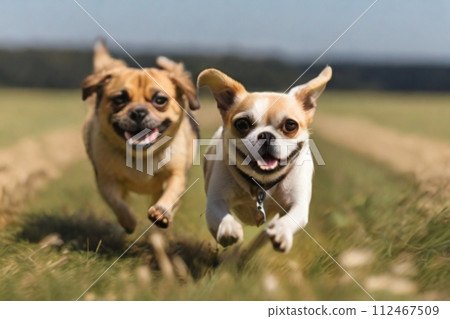 狗狗們在田裡快樂奔跑 112467509