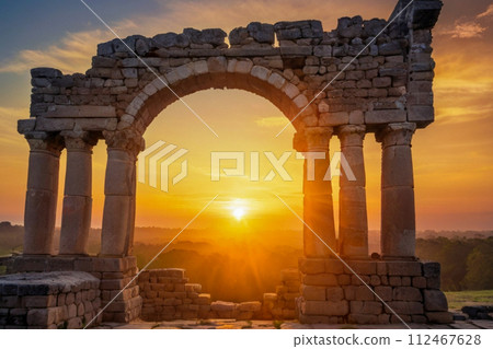 roman aqueduct in evening 112467628
