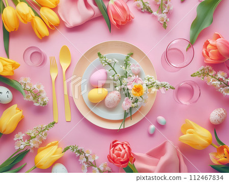 Happy Easter. Pastel Easter Tabletop Display 112467834