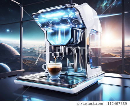 Coffee machine pours coffee into a transparent glass, spaceship space, white glossy plastic, futuristic design 112467889