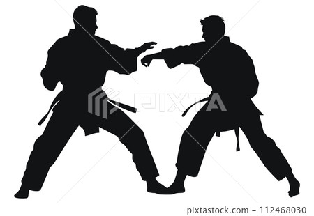 Two men practicing karate silhouette, Two karate men fighters in a match, 112468030