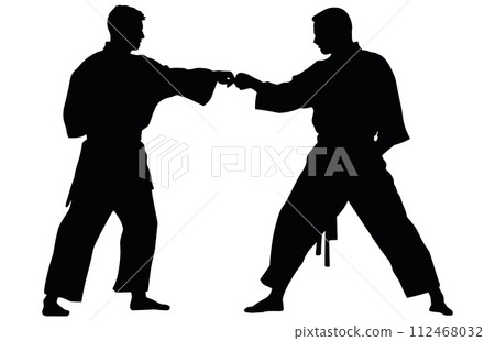 Two men practicing karate silhouette, Two karate men fighters in a match, 112468032