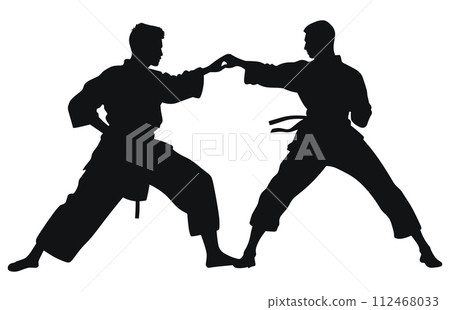 Two men practicing karate silhouette, Two karate men fighters in a match, 112468033