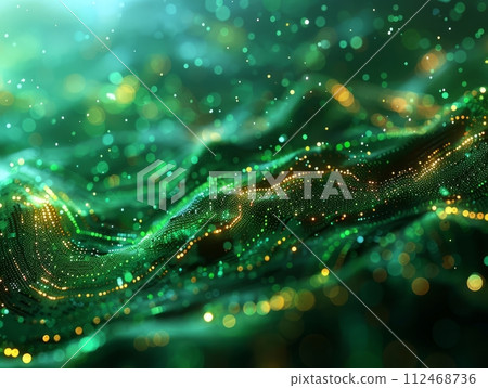 AI-generated content. Abstract dynamic wave of particles and fluid formation on dark background. Digital technology background. Big data.Cyber Space Background. Particles with DOF Effect. 112468736
