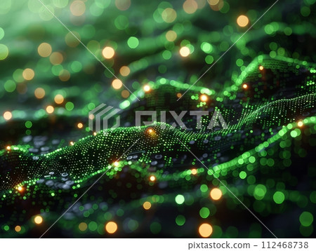 AI-generated content. Abstract dynamic wave of particles and fluid formation on dark background. Digital technology background. Big data.Cyber Space Background. Particles with DOF Effect. 112468738