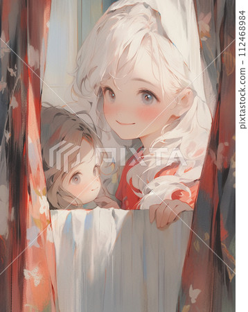 Parent and child peeking through the curtain 112468984