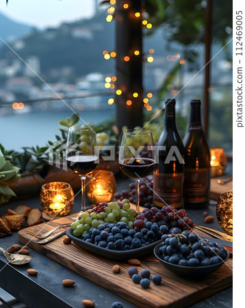 A luxurious dinner table in a pleasant atmosphere. The beautiful scenery makes for a wonderful night. Images like this are often used to post on social media, write blogs or set as wallpaper. 112469005