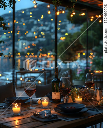 A luxurious dinner table in a pleasant atmosphere. The beautiful scenery makes for a wonderful night. Images like this are often used to post on social media, write blogs or set as wallpaper. A luxurious dinner table in a pleasant atmosphere. The beautiful scenery makes for a wonderful night. Images like this are often used to post on social media, write blogs or set as wallpaper. 112469008