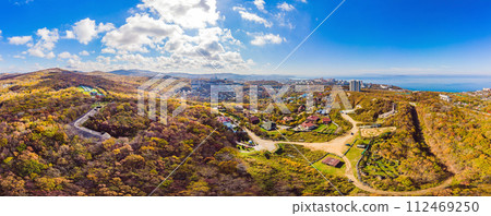 Aerial top down view of autumn forest with green and yellow trees. Mixed deciduous and coniferous forest. Beautiful fall scenery 112469250