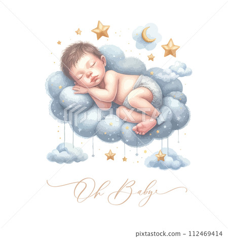 Newborn Baby sleeping on the clouds. 112469414