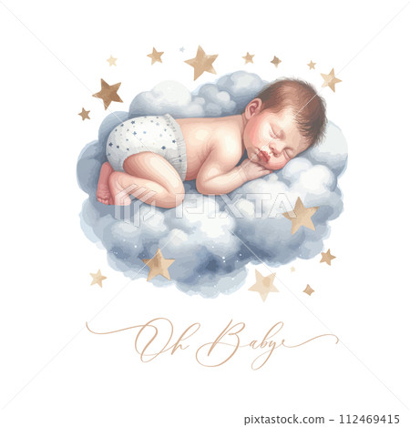 Newborn Baby sleeping on the clouds. 112469415