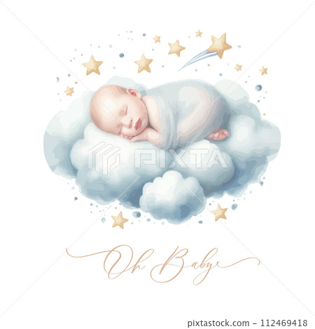 Newborn Baby sleeping on the clouds. Oh baby Calligraphy Newborn Baby sleeping on the clouds. Oh baby Calligraphy 112469418