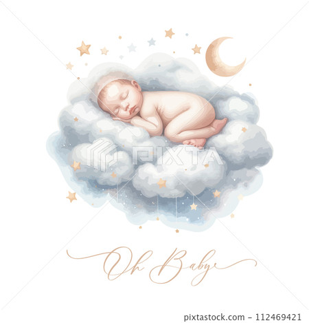 Newborn Baby sleeping on the clouds. Oh baby Calligraphy 112469421