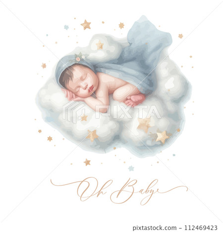 Newborn Baby sleeping on the clouds. Oh baby Calligraphy Newborn Baby sleeping on the clouds. Oh baby Calligraphy 112469423