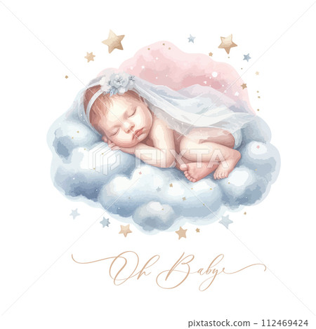 Newborn Baby sleeping on the clouds. Oh baby Calligraphy Newborn Baby sleeping on the clouds. Oh baby Calligraphy 112469424