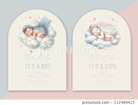 Cute baby shower watercolor arch invitation card with newborn baby sleeping on the clouds. Oh baby calligraphy. 112469425