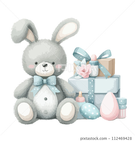 Cute watercolor plush toy bunny with gift boxes. Happy birthday card. Cute watercolor plush toy bunny with gift boxes. Happy birthday card. 112469428