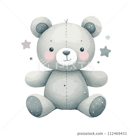 Cute watercolor teddy bear with stars. Happy birthday card. 112469431
