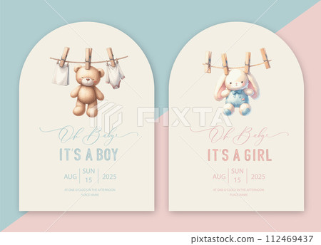 Cute baby shower watercolor arch invitation card with plush teddy bear and bunny drying on a rope. Oh baby calligraphy. 112469437
