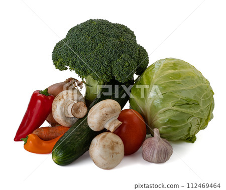 Fresh vegetables still life. Isolated on white background Fresh vegetables still life. Isolated on white background 112469464