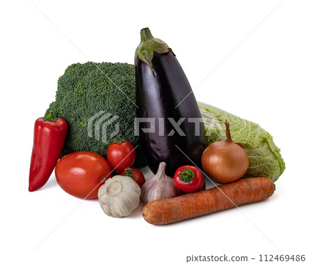 Fresh vegetables still life. Isolated on white background 112469486