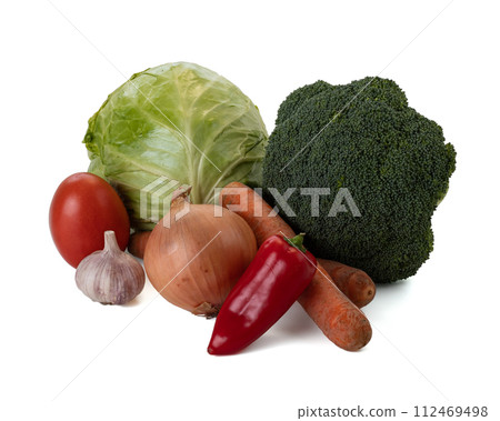 Fresh vegetables still life. Isolated on white background Fresh vegetables still life. Isolated on white background 112469498