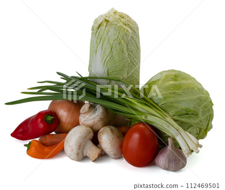 Fresh vegetables still life. Isolated on white background Fresh vegetables still life. Isolated on white background 112469501