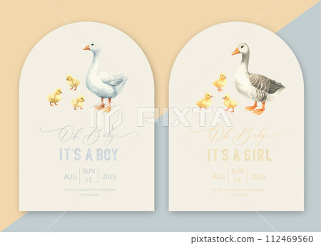 Cute baby shower watercolor arch invitation card with mother goose and little goslings. Oh baby calligraphy, 112469560