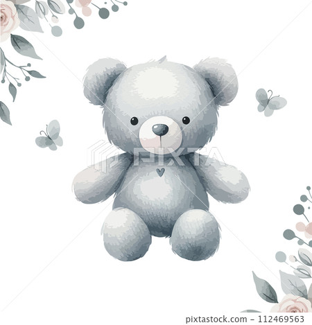 Cute watercolor plush toy teddy bear. Happy birthday card. Cute watercolor plush toy teddy bear. Happy birthday card. 112469563